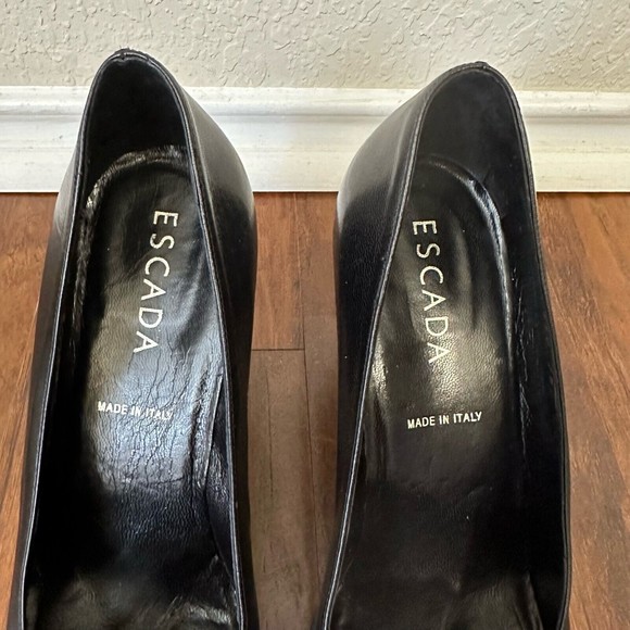 ESCADA Square Toe Gold Accent Black Leather Pump Heels ITALY MADE - Picture 7 of 10